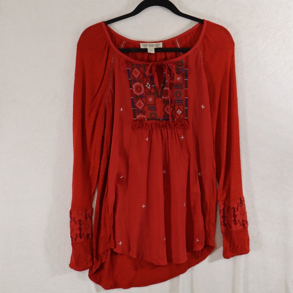 Vintage America Women's Red Embroidered Peasant Boho Blouse Tunic Top- Large